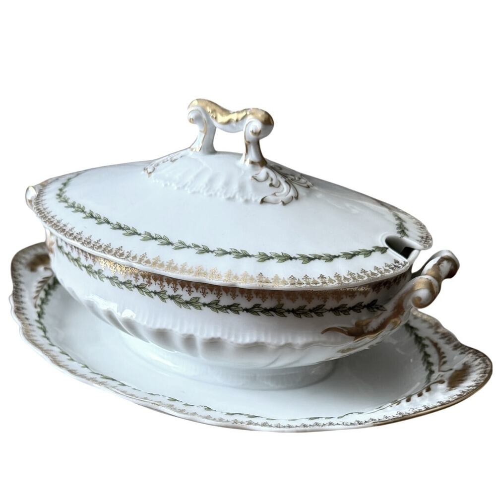 Antique Theodore Haviland Limoges France Covered Vegetable Dish Attached Stand